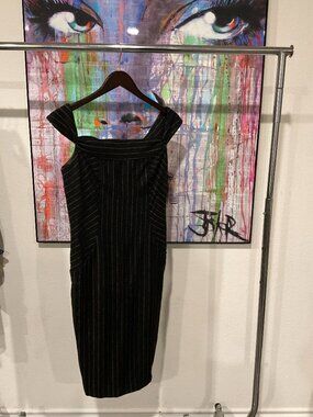 Milly of New York Black Gold Pinstripe Sheath Dress Size 8 Square Neck